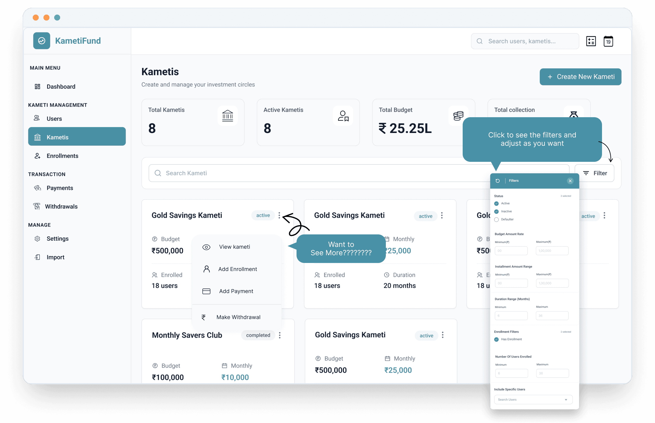 Kameti Admin Overview